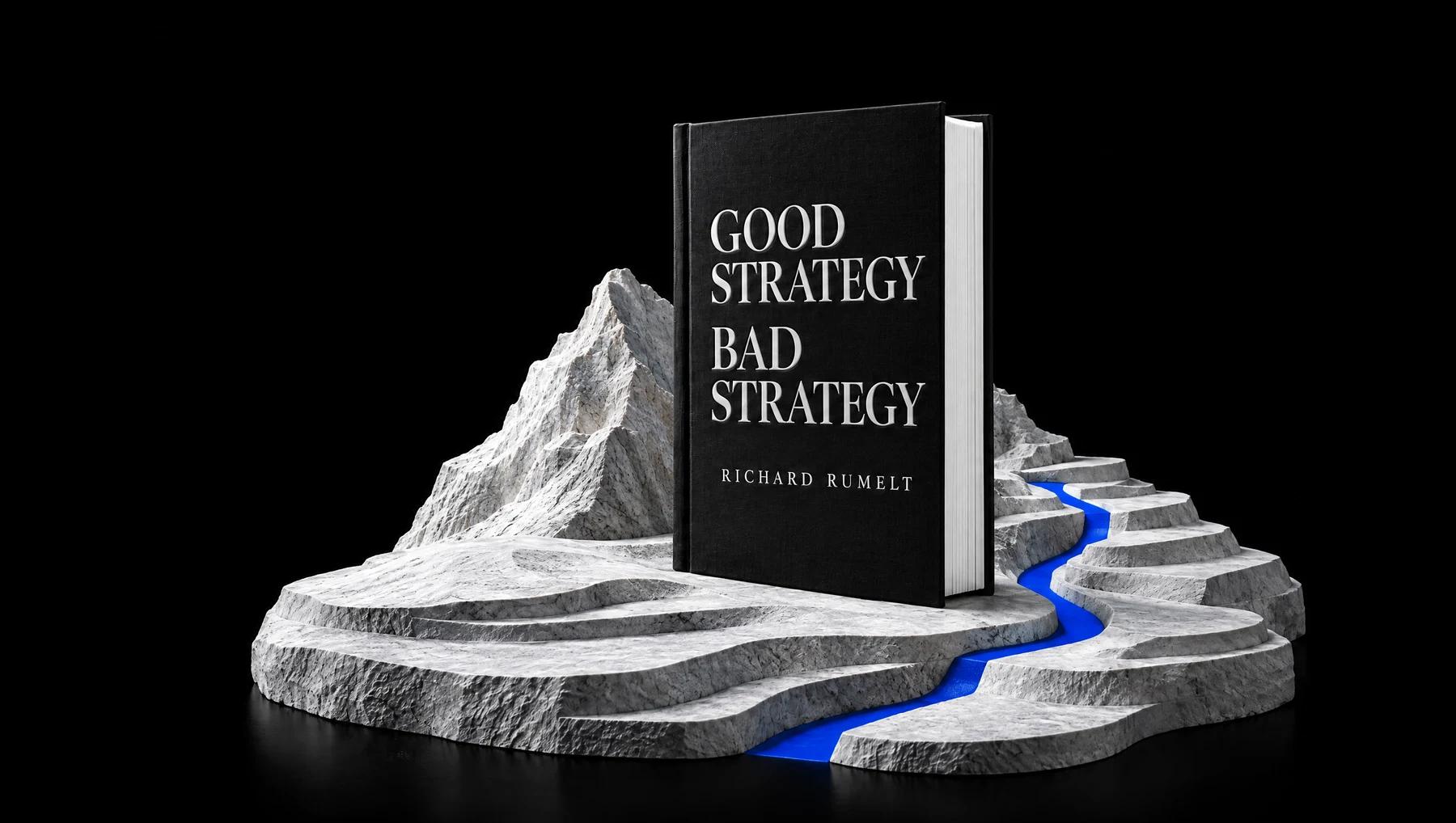 Good Strategy Bad Strategy on sculptural white terrain with a cobalt route.