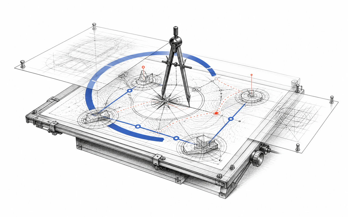 An architectural drafting table mapping connected decisions around a mechanical compass.