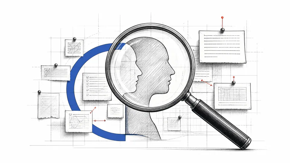 A technical drawing of two profiles studied through a magnifying glass, surrounded by pinned language fragments.