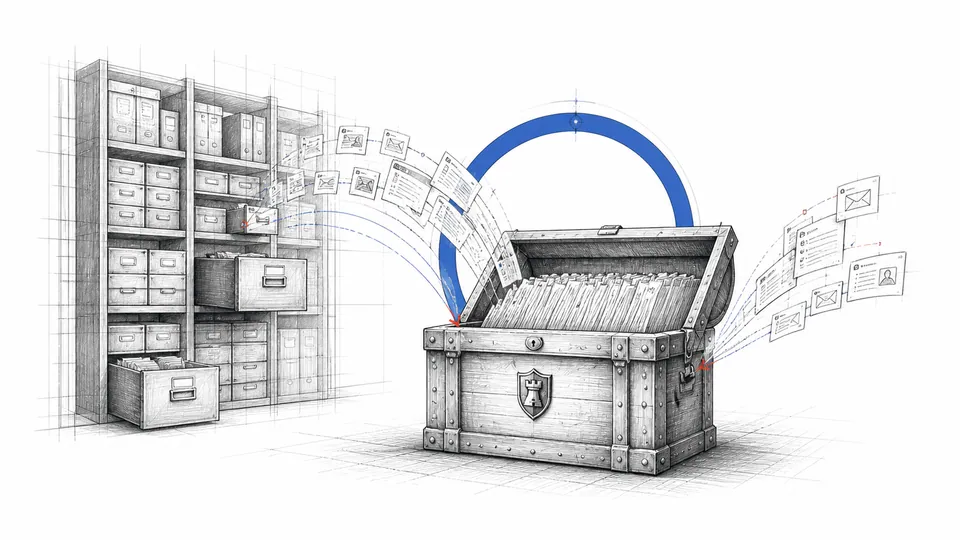 A structured archive and collection chest receiving streams of documents and technical signals.